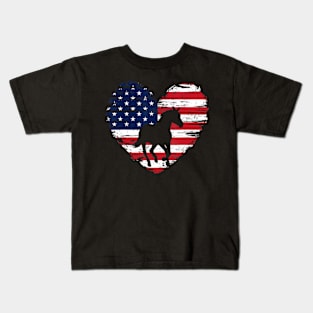 Horse American Flag Heart 4th of July USA Patriotic Pride Kids T-Shirt